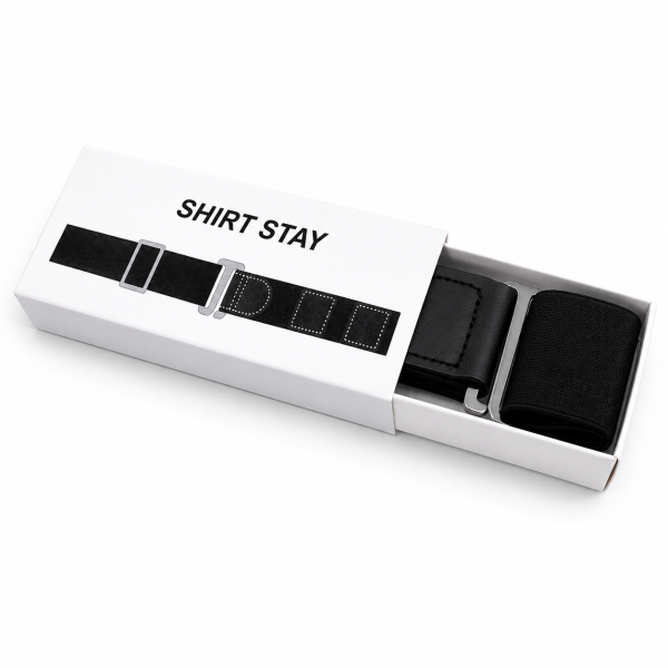Premium shirt stay belt packaged in presentation box